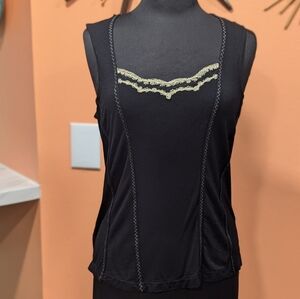 Vintage Tribal Y2K Large Black Boho Chic Tank Top Embroidered Hippie Renaissance